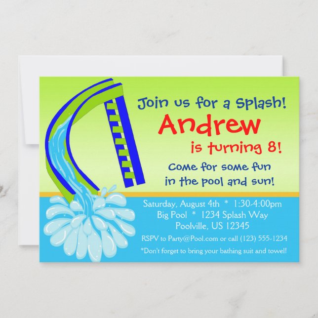 Swimming Pool Party - Green Water Slide Birthday Invitation (Front)