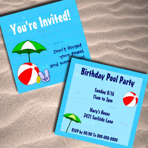 Swimming Pool Theme Custom Party Invitations