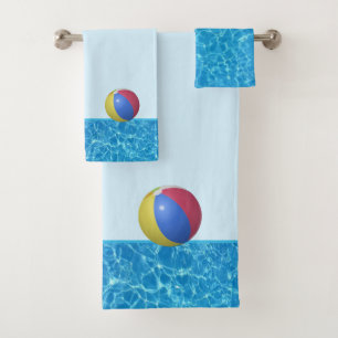Swimming pool turquoise blue water & beach ball bath towel set