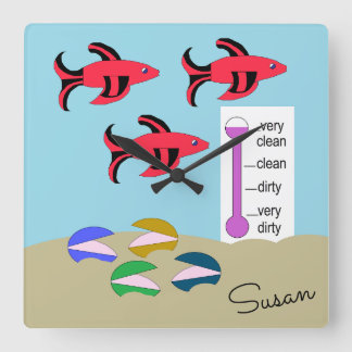 Swimming Red and Black Fish with Clams: Square Wall Clock