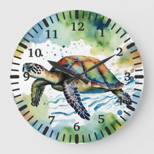 Swimming Sea Turtle Abstract Watercolor  Large Clock