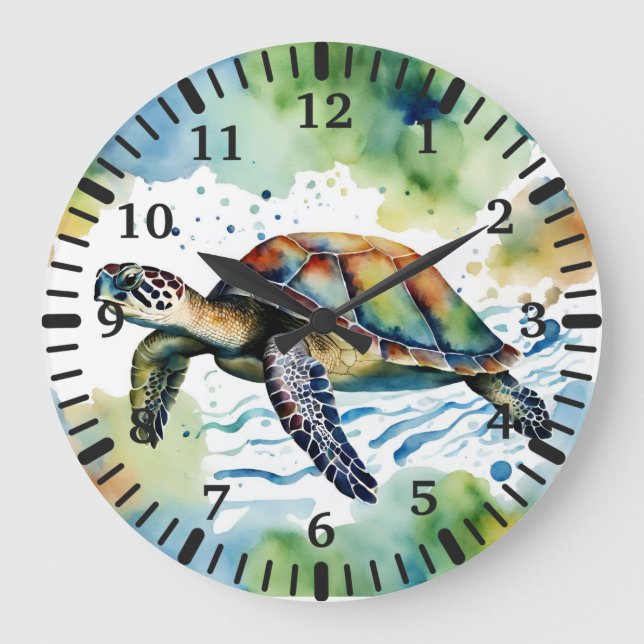 Swimming Sea Turtle Abstract Watercolor  Large Clock (Front)