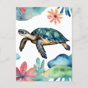 Swimming Sea Turtle Abstract Watercolor Postcard