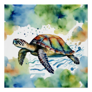 Swimming Sea Turtle Abstract Watercolor  Poster