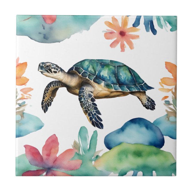 Swimming Sea Turtle Abstract Watercolor  Tile (Front)