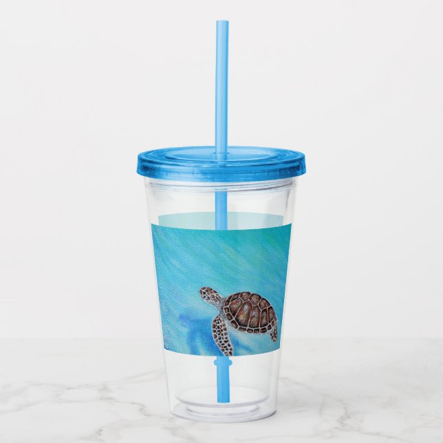 Swimming Sea Turtle Painting Acrylic Tumbler (Front)