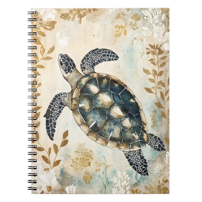 swimming sea turtle surrounded by floral patterns. notebook (Front)
