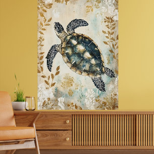 swimming sea turtle surrounded by floral patterns. poster