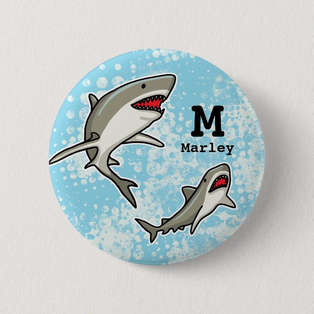Swimming Sharks, Add Child's Name and Monogram 2 Inch Round Button (Front)