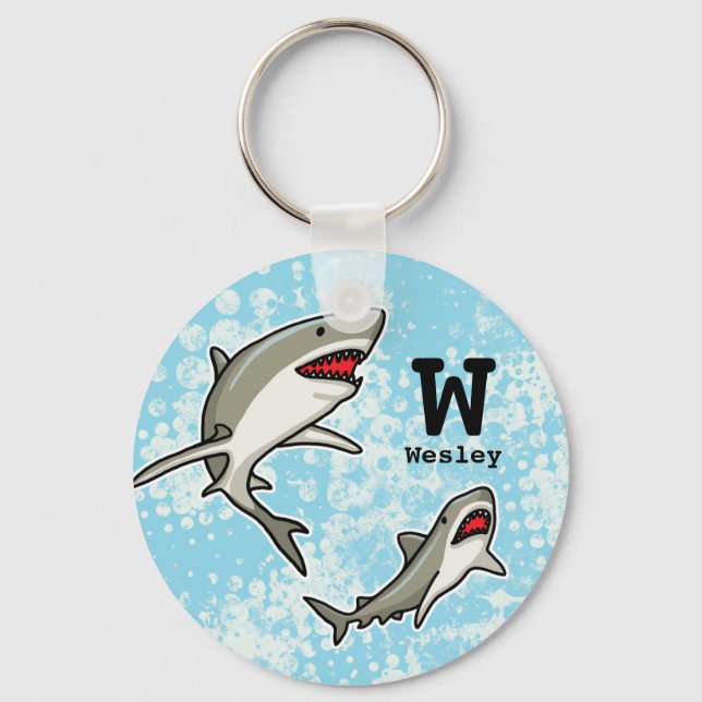 Swimming Sharks, Add Child's Name and Monogram Keychain (Front)