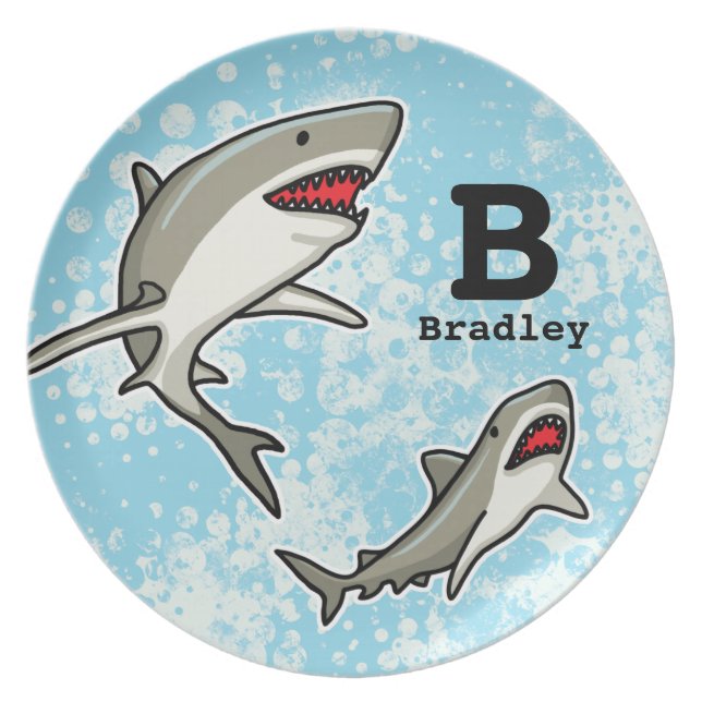 Swimming Sharks, Add Child's Name and Monogram Plate (Front)