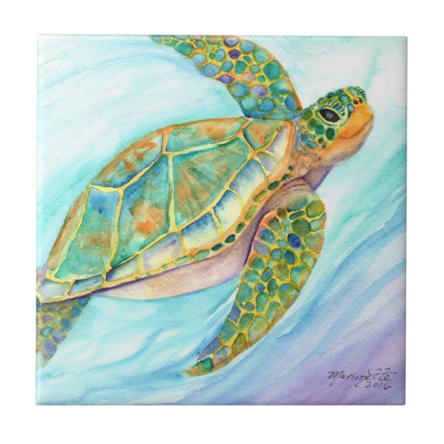 Swimming Smiling Sea Turtle Tile (Front)