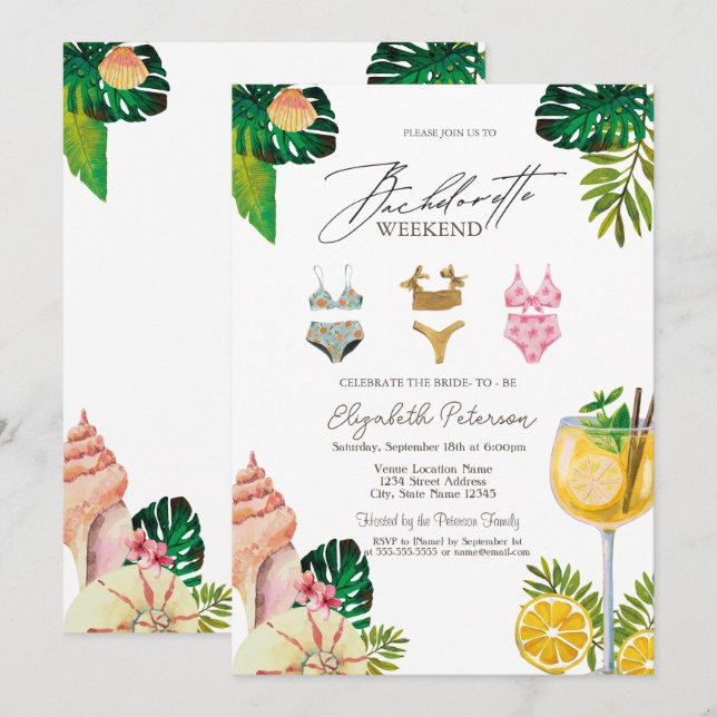 Swimming Suits Leaf  Cocktails Bachelorette Party Invitation (Front/Back)
