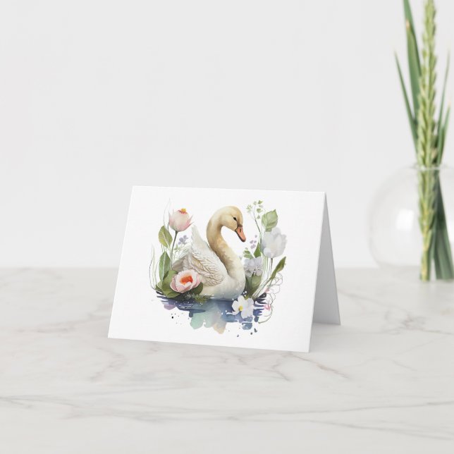 Swimming Swan with Flowers BLANK  Card (Front)