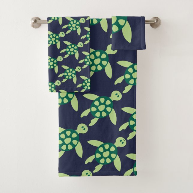 Swimming Turtles Illustrated Pattern on Blue Bath Towel Set (Insitu)