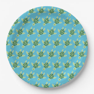 Swimming Turtles Pattern Blue Paper Plate