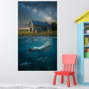 Swimming With Sharks on the Prairie Surreal Art Poster