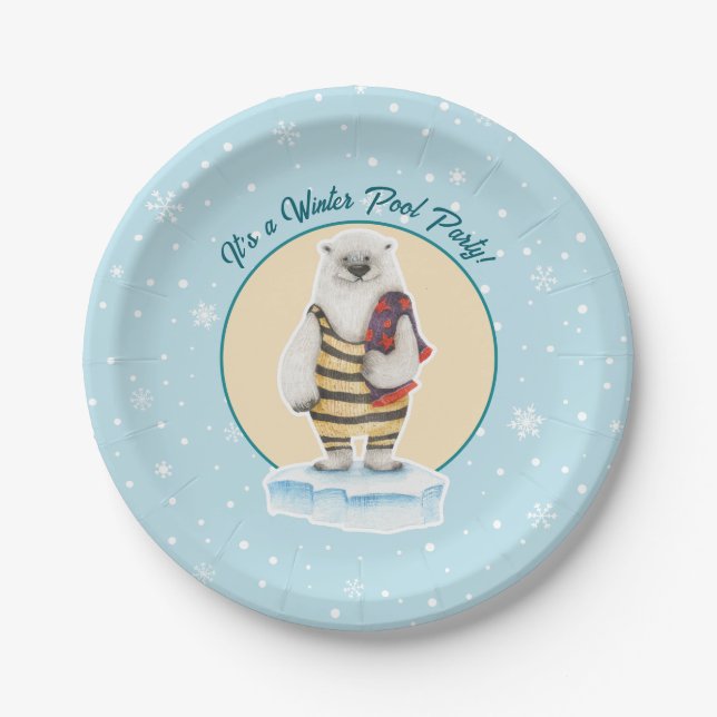 Swimsuit Polar Bear Winter Pool Party Paper Plate (Front)