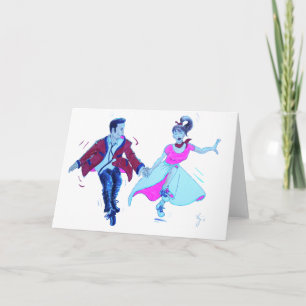 swing dancer pink poodle skirt saddle shoes card