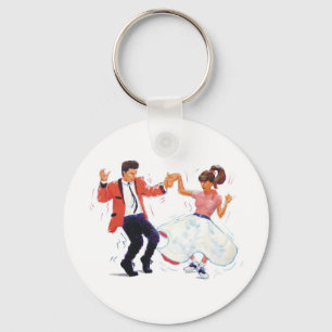 swing dancer with poodle skirt and saddle shoes keychain