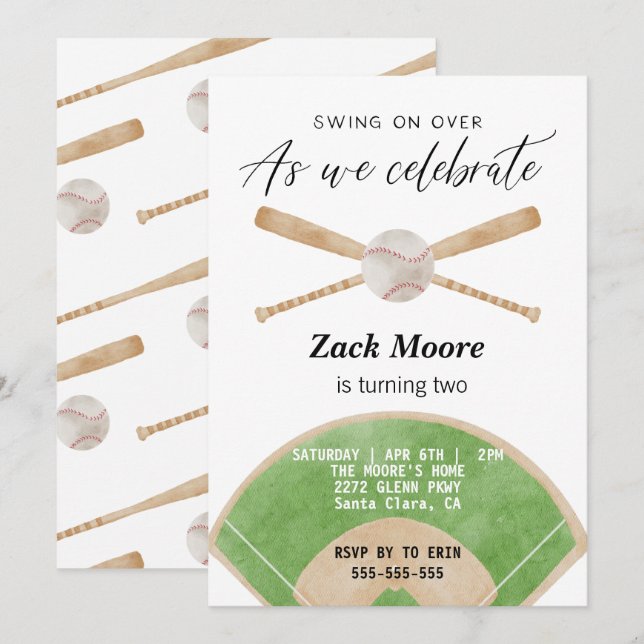 Swing on over baseball boy birthday invitation (Front/Back)