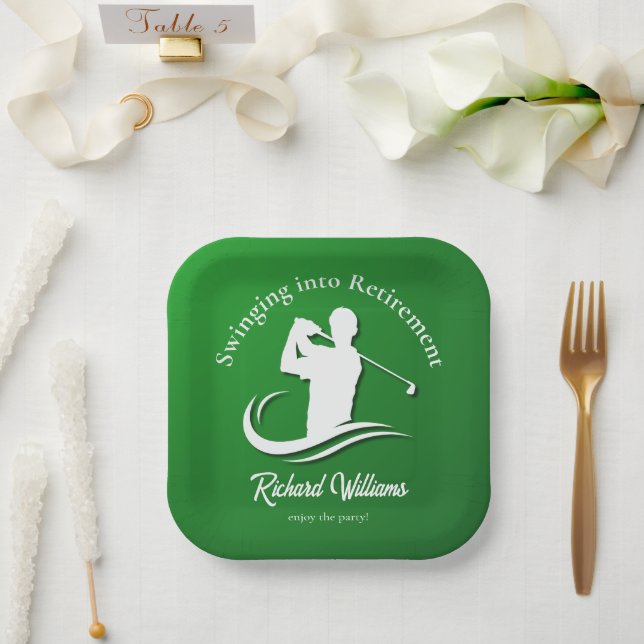 Swinging into Retirement Modern Golf Player Party Paper Plate (Wedding)