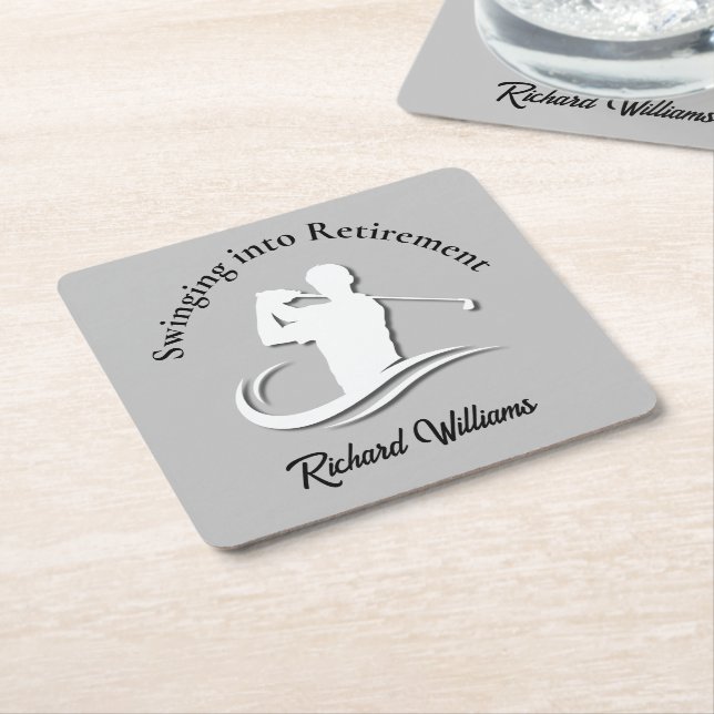 Swinging into Retirement Modern Golf Player Party Square Paper Coaster (Angled)