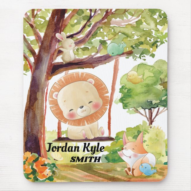 Swinging Lion, Fox, Bunny and Birds Blush Nature Mouse Pad (Front)