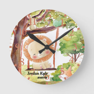 Swinging Lion, Fox, Bunny and Birds Blush Nature Round Clock