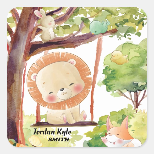 Swinging Lion, Fox, Bunny and Birds Blush Nature Square Sticker (Front)