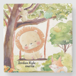 Swinging Lion, Fox, Bunny and Birds Blush Nature Stone Coaster