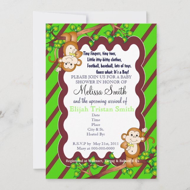 Swinging Monkey Baby Shower Invitations (Front)