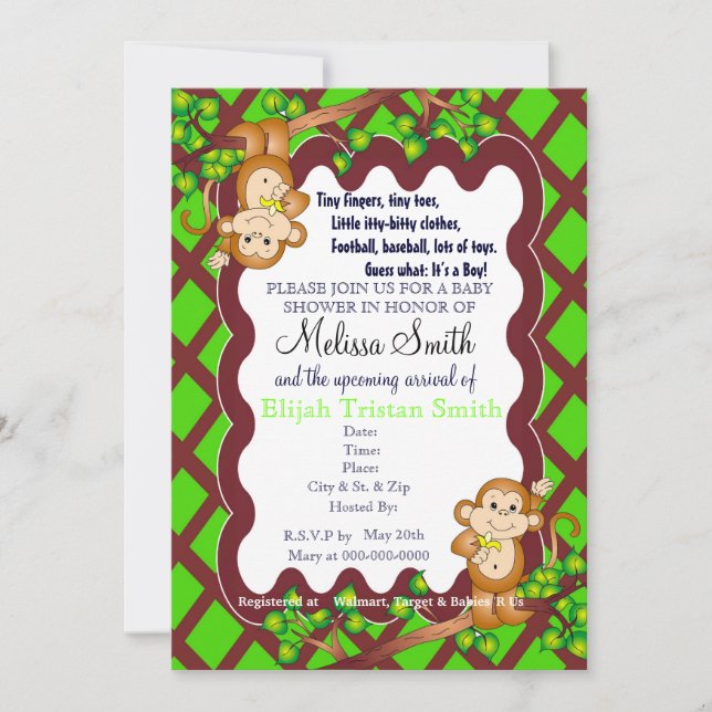 Swinging Monkey Baby Shower Invitations (Front)