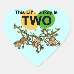 Swinging Monkeys 2nd Birthday T-shirts and Gifts Heart Sticker