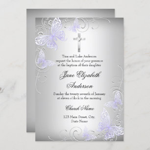 Swirl Butterfly & Cross Purple Baptism Invite
