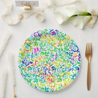 Swirl colourful watercolor flowers paper plate