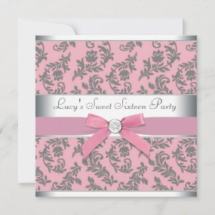 Swirl Damask Pink and Grey Sweet 16 Party Invitation