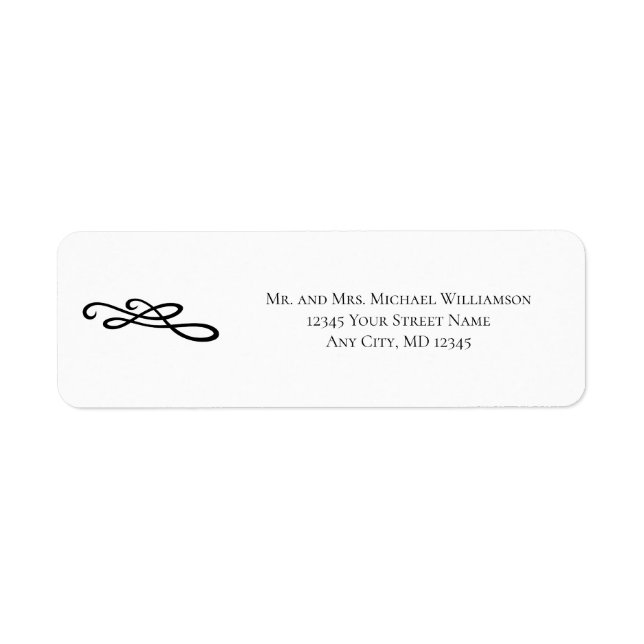  Swirl Flouish Black White Wedding Return Address (Front)