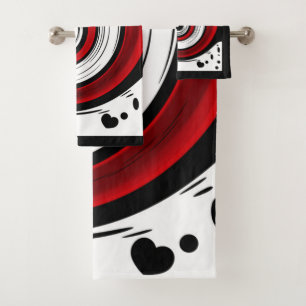 Swirl liquid circle modern black red white colours bath towel set