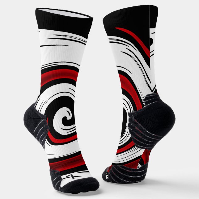 Swirl liquid circle modern black red white colours socks (Angled)