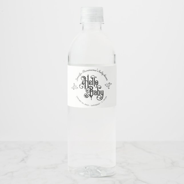 Swirl Ornament Frame Gothic Hello Baby Shower Water Bottle Label (Front)