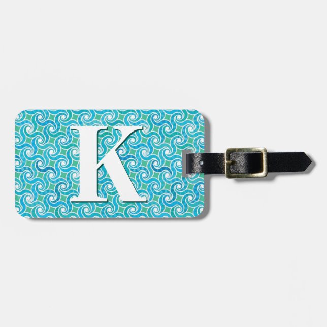 Swirl pattern, turquoise, with monogram luggage tag (Front Horizontal)