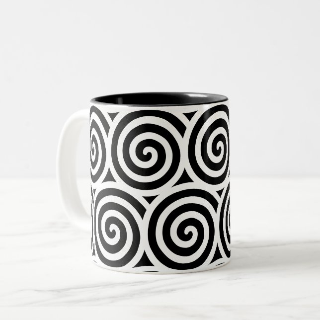 Swirl Spiral Circles on Black & White Two-Tone Coffee Mug (Front Left)