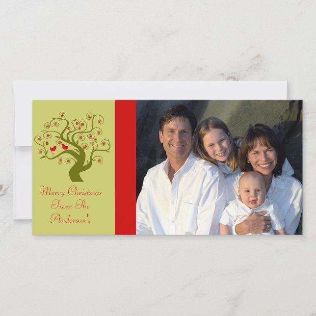 Swirl Tree Cute Birds Snowflake Merry Christmas Holiday Card (Front)