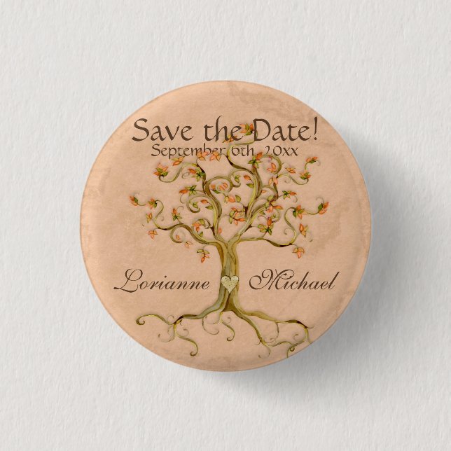 Swirl Tree Roots Antiqued Parchment Save the Date 1 Inch Round Button (Front)
