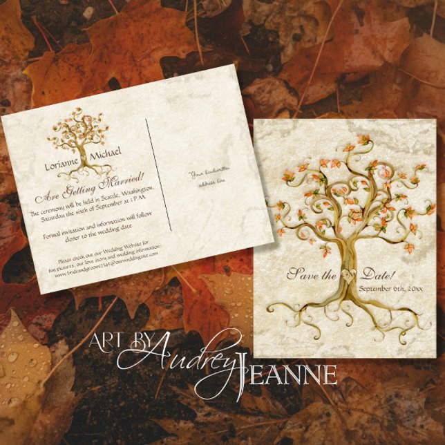 Swirl Tree Roots Antiqued Parchment Wedding Save Announcement Postcard (Creator Uploaded)