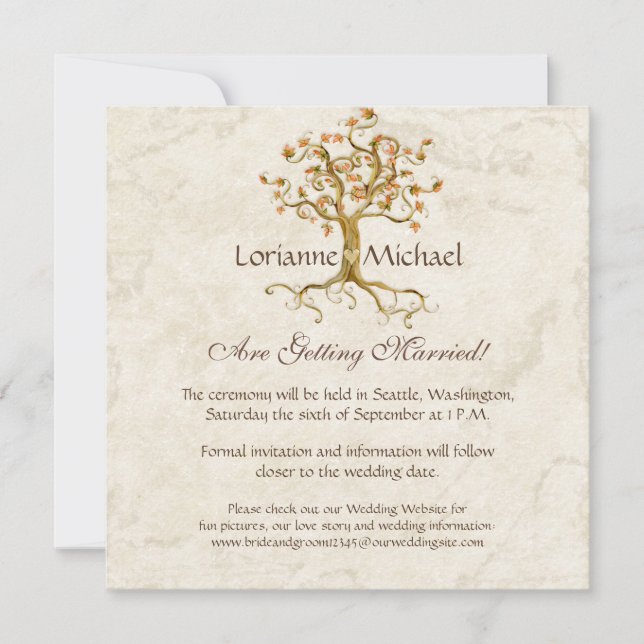 Swirl Tree Roots Antiqued Parchment Wedding Save Invitation (Front)