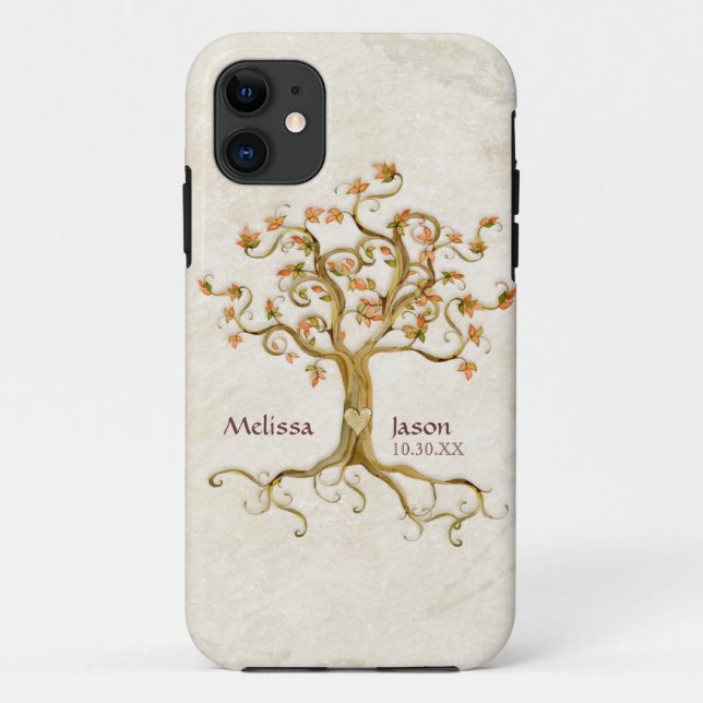 Swirl Tree Roots Antiqued Personalized Names Heart Case-Mate iPhone Case (Back)