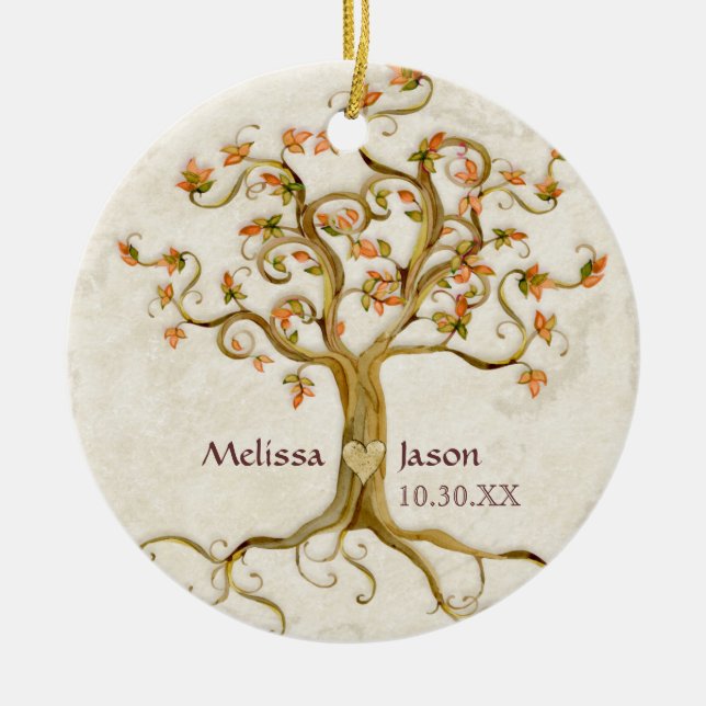 Swirl Tree Roots Antiqued Personalized Names Heart Ceramic Ornament (Front)