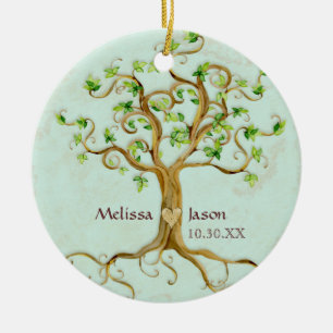 Swirl Tree Roots Antiqued Personalized Names Heart Ceramic Ornament